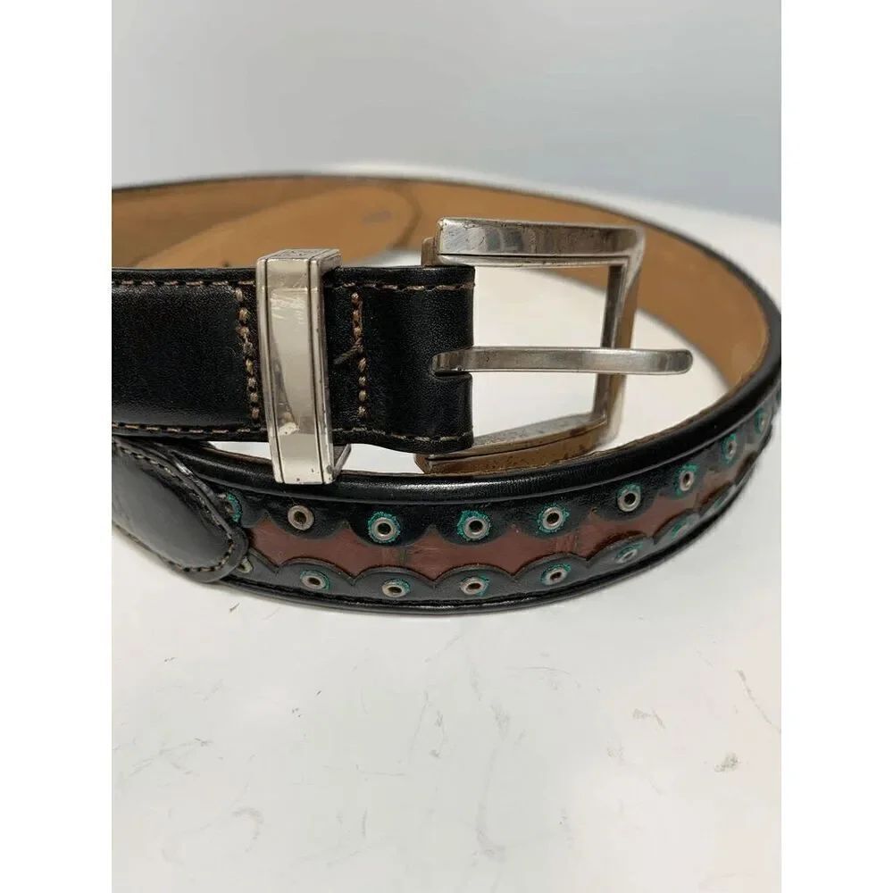 Brighton Black Scalloped Leather with Brown Center Belt